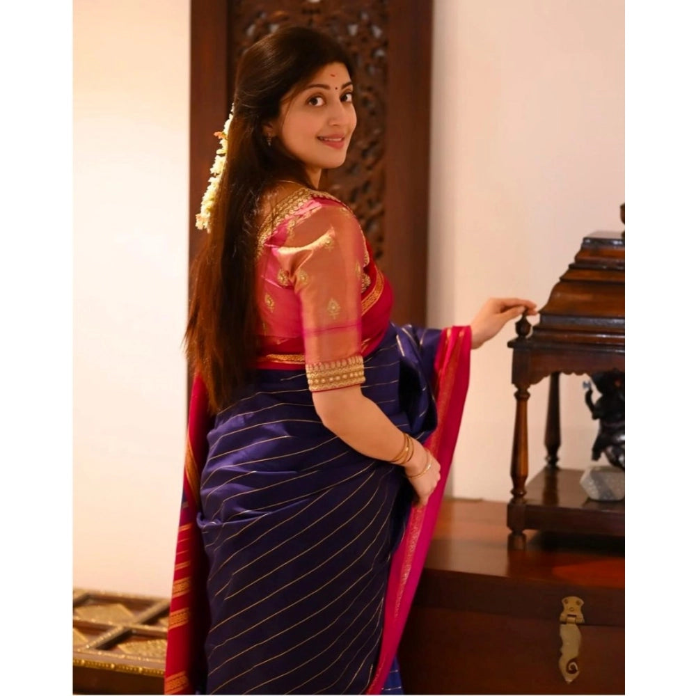 Generic Women's Silk Printed Saree With Unstitched Blouse 5.5Mtr (Navy Blue) Secondary image