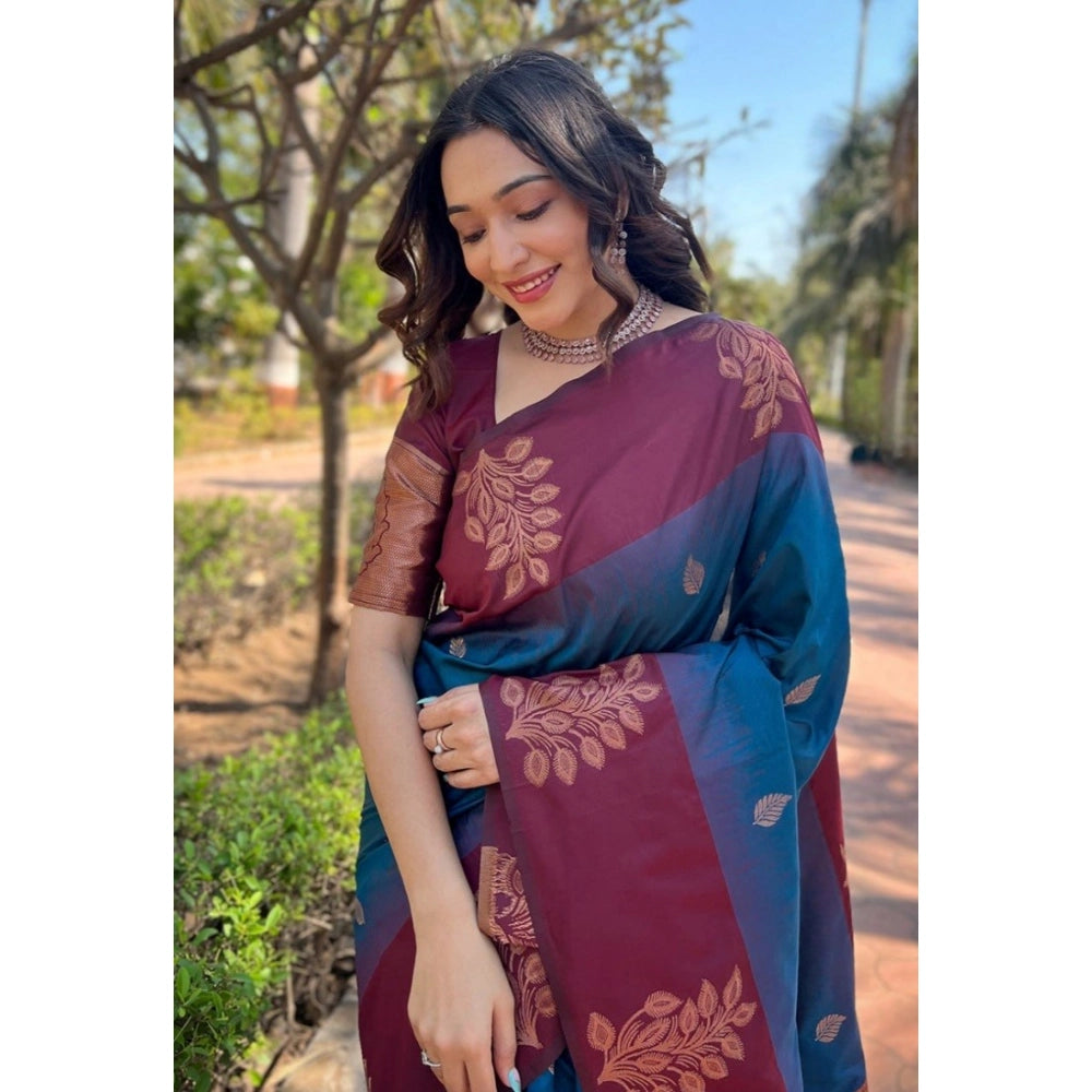 Generic Women's Silk Printed Saree With Unstitched Blouse 5.5Mtr (Blue) Secondary image