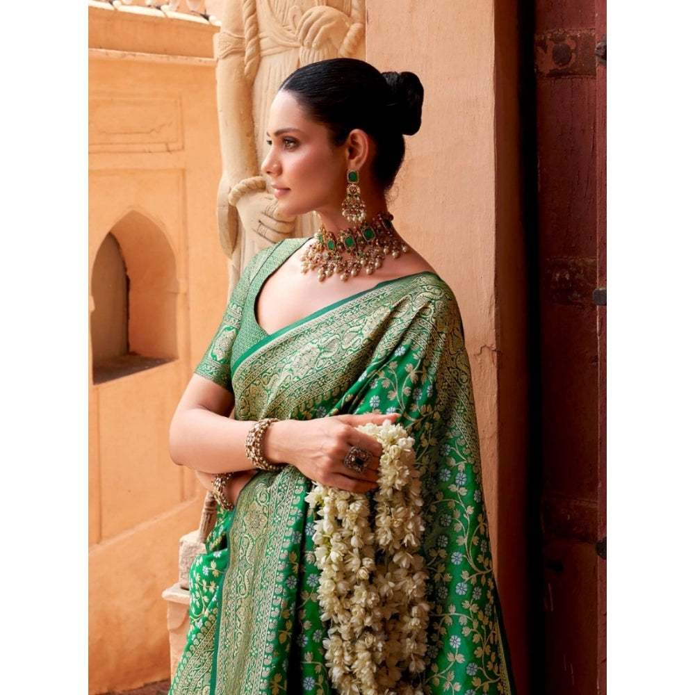 Generic Women's Silk Printed Saree With Unstitched Blouse 5.5Mtr (Green) Secondary image