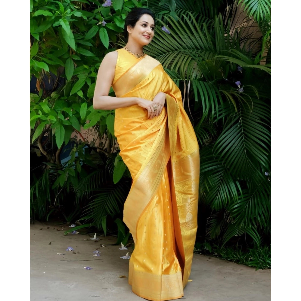 Generic Women's Silk Printed Saree With Unstitched Blouse 5.5Mtr (Yellow) Secondary image