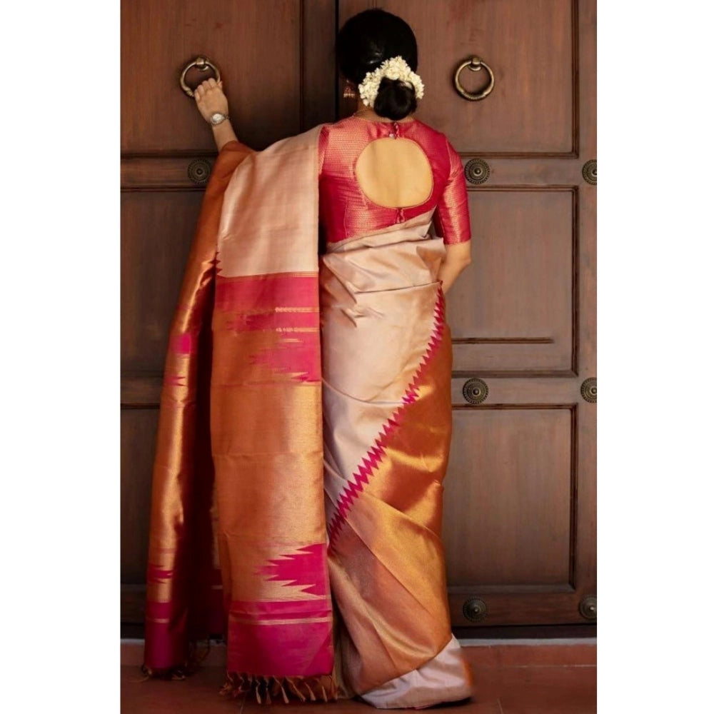 Generic Women's Silk Printed Saree With Unstitched Blouse 5.5Mtr (Cream) Secondary image