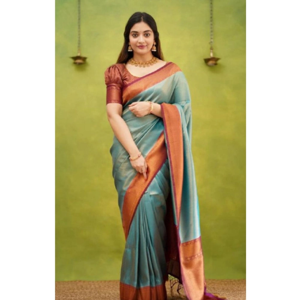 Generic Women's Silk Printed Saree With Unstitched Blouse 5.5Mtr (Rama) Secondary image