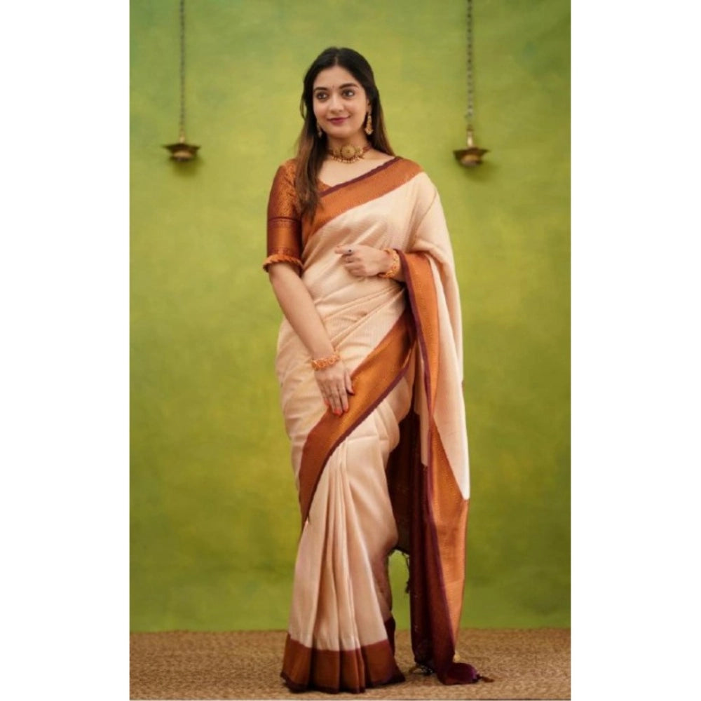 Generic Women's Silk Printed Saree With Unstitched Blouse 5.5Mtr (Cream) Secondary image