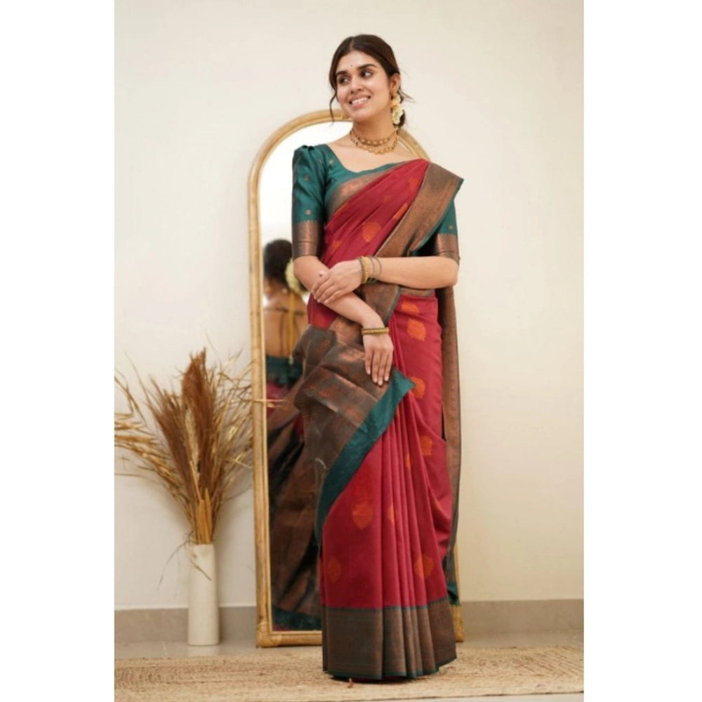 Generic Women's Silk Printed Saree With Unstitched Blouse 5.5Mtr (Red) Secondary image