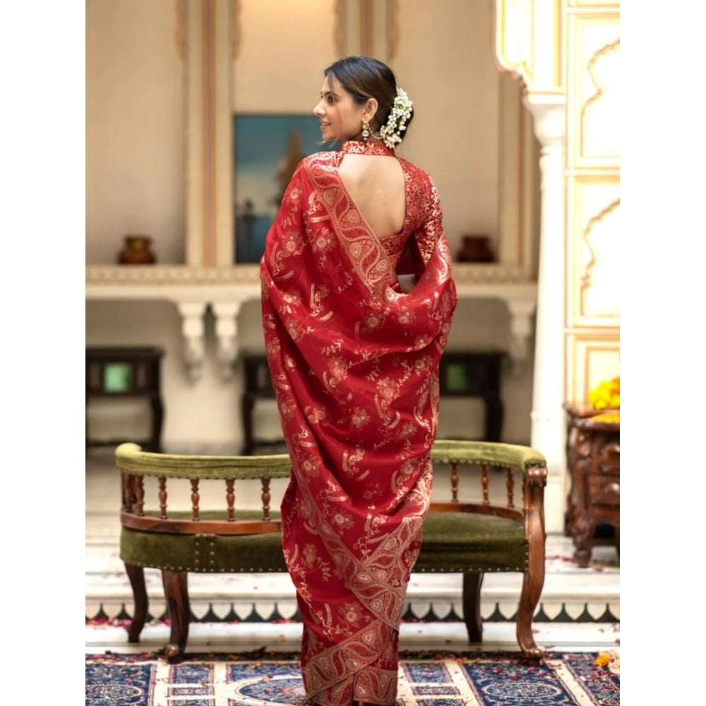 Generic Women's Silk Printed Saree With Unstitched Blouse 5.5Mtr (Red) Secondary image