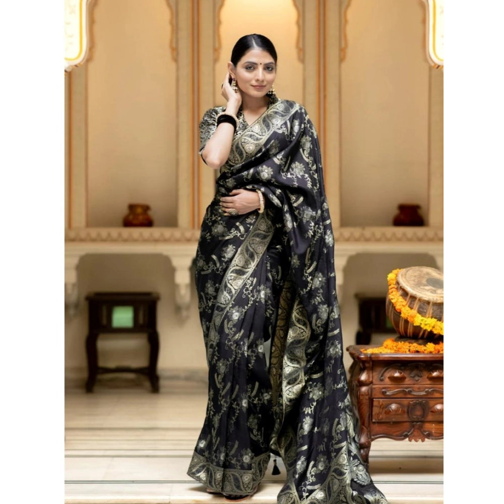 Generic Women's Silk Printed Saree With Unstitched Blouse 5.5Mtr (Black) Secondary image
