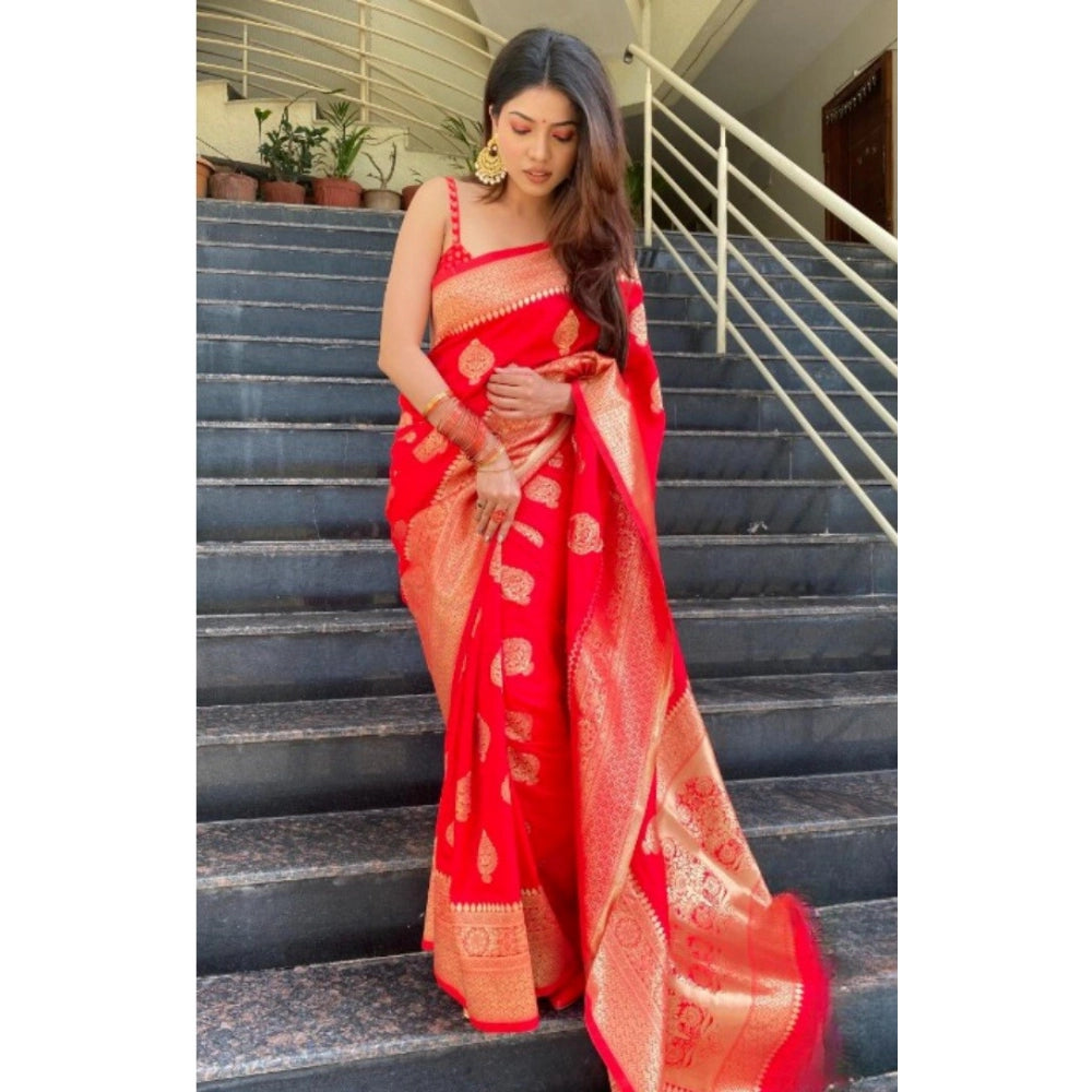Generic Women's Silk Printed Saree With Unstitched Blouse 5.5Mtr (Red) Secondary image