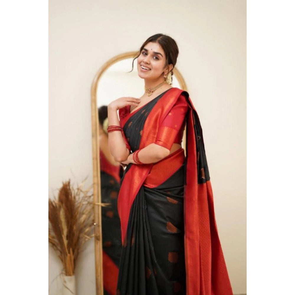 Generic Women's Silk Printed Saree With Unstitched Blouse 5.5Mtr (Black) Secondary image