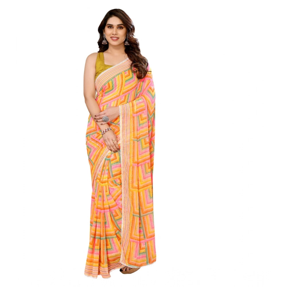 Generic Women's Small Lace Georgette Printed Ready-to-Wear Saree With Unstitched Blouse 5.5 Mtr (Yellow) Main image