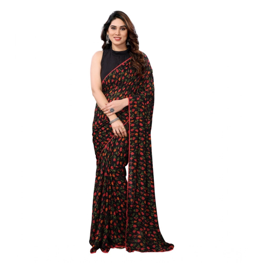 Generic Women's Small Lace Georgette Printed Ready-to-Wear Saree With Unstitched Blouse 5.5 Mtr (Black) Main image