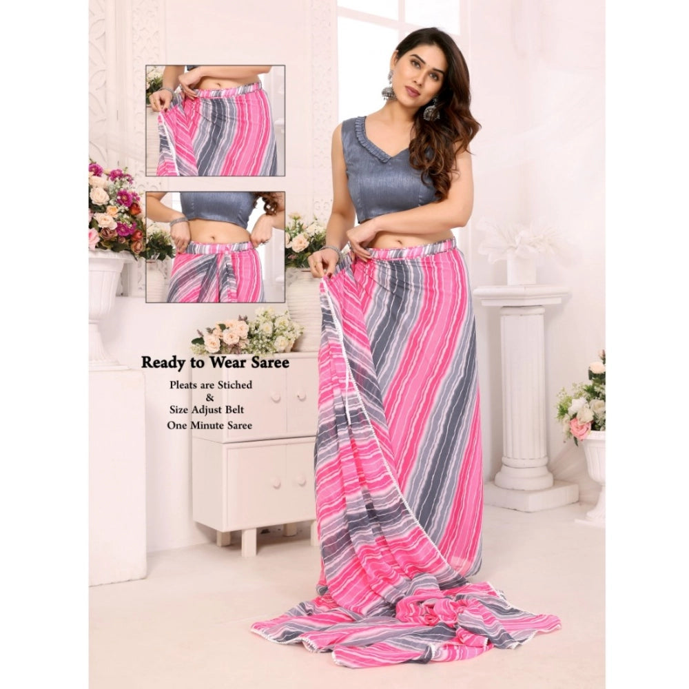 Generic Women's Small Lace Georgette Striped Ready-to-Wear Saree With Unstitched Blouse 5.5 Mtr (Grey)