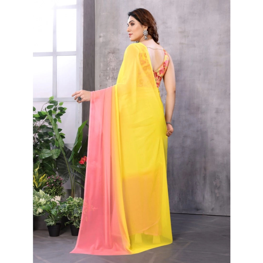 Generic Women's Small Lace Georgette Solid Ready-to-Wear Saree With Unstitched Blouse 5.5 Mtr (Pink-Yellow) Secondary image