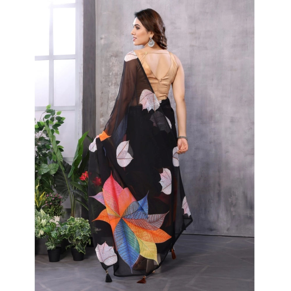 Generic Women's Small Lace Georgette Printed Ready-to-Wear Saree With Unstitched Blouse 5.5 Mtr (Black) Secondary image