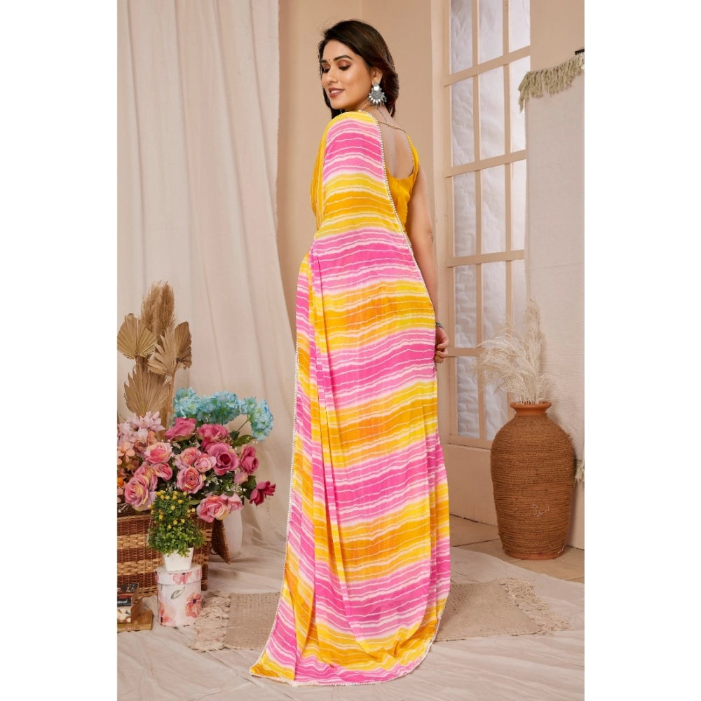 Generic Women's Small Lace Georgette Striped Ready-to-Wear Saree With Unstitched Blouse 5.5 Mtr (Yellow-Pink) Secondary image