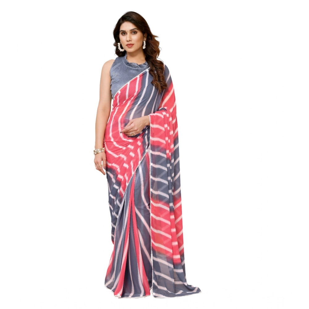 Generic Women's Small Lace Georgette Striped Ready-to-Wear Saree With Unstitched Blouse 5.5 Mtr (Pink) Main image