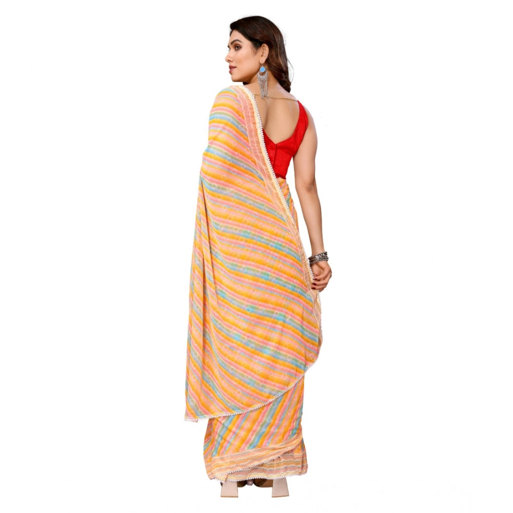 Generic Women's Small Lace Georgette Striped Ready-to-Wear Saree With Unstitched Blouse 5.5 Mtr (Yellow) Secondary image
