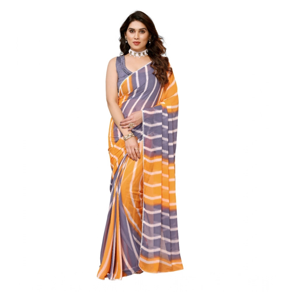 Generic Women's Small Lace Georgette Striped Ready-to-Wear Saree With Unstitched Blouse 5.5 Mtr (Orange-Grey) Main image