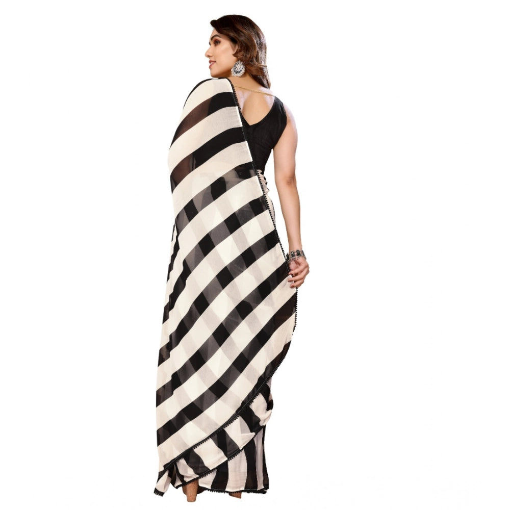 Generic Women's Small Lace Georgette Striped Ready-to-Wear Saree With Unstitched Blouse 5.5 Mtr (Black-White) Secondary image