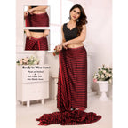 Generic Women's  Black Berry Striped Ready-to-Wear Saree With Unstitched Blouse 5.5 Mtr (Red-Black)
