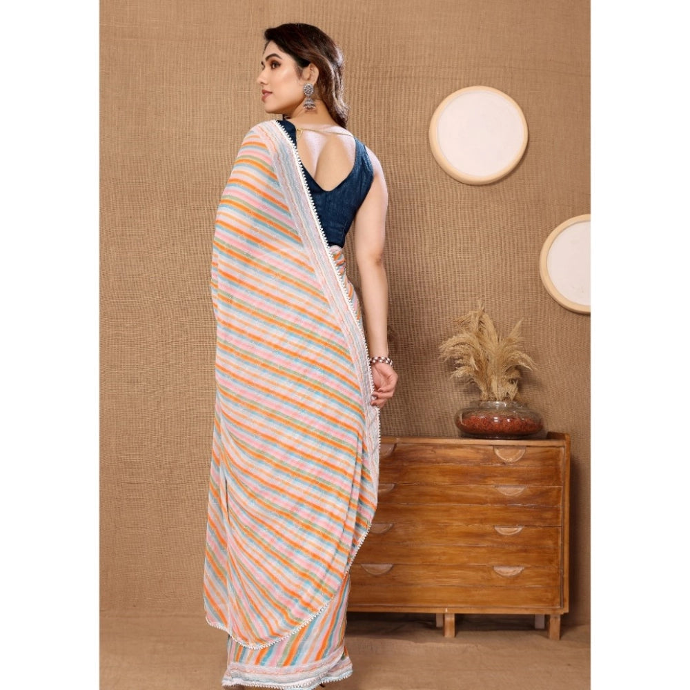 Generic Women's Small Lace Georgette Striped Ready-to-Wear Saree With Unstitched Blouse 5.5 Mtr (Orange) Secondary image