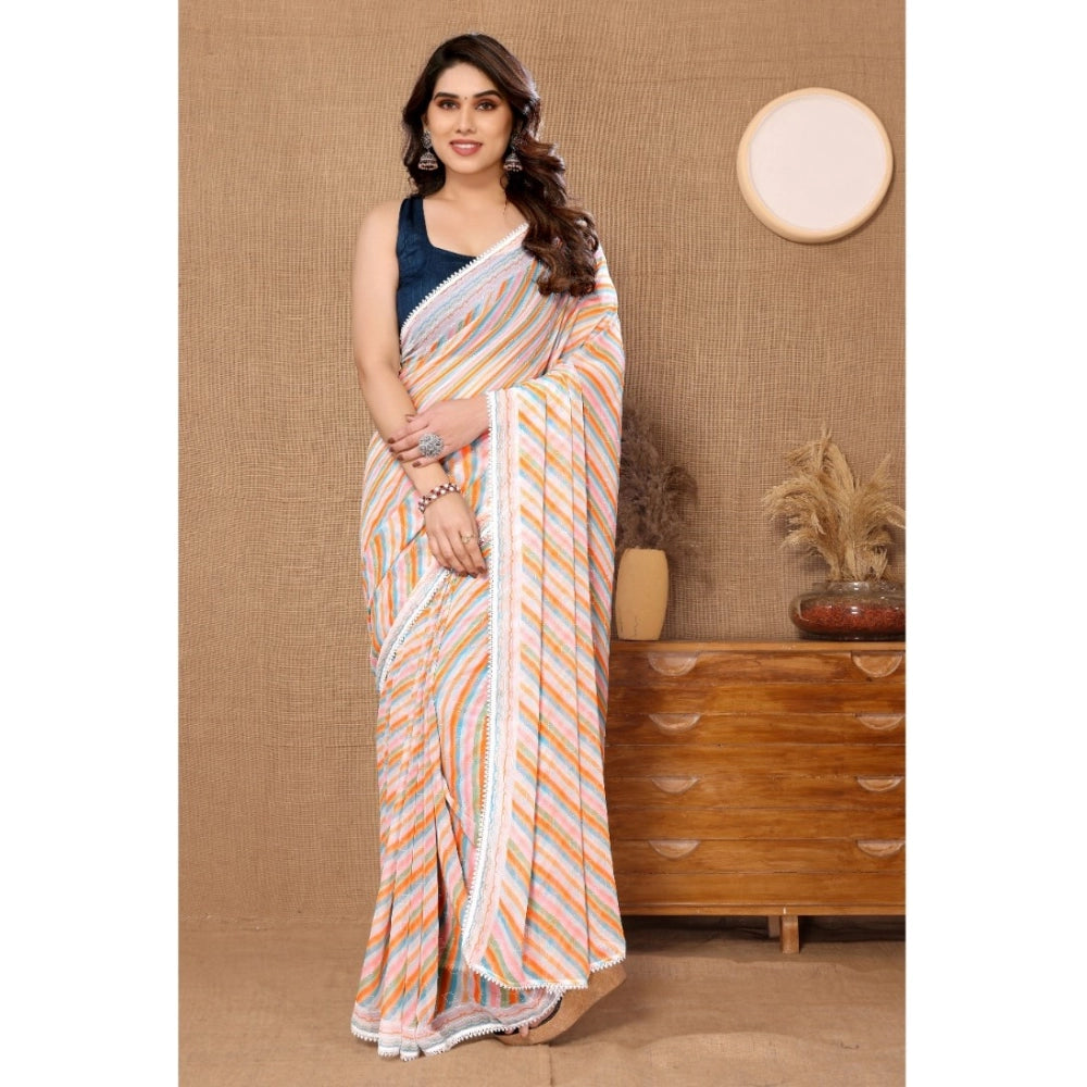 Generic Women's Small Lace Georgette Striped Ready-to-Wear Saree With Unstitched Blouse 5.5 Mtr (Orange) Main image
