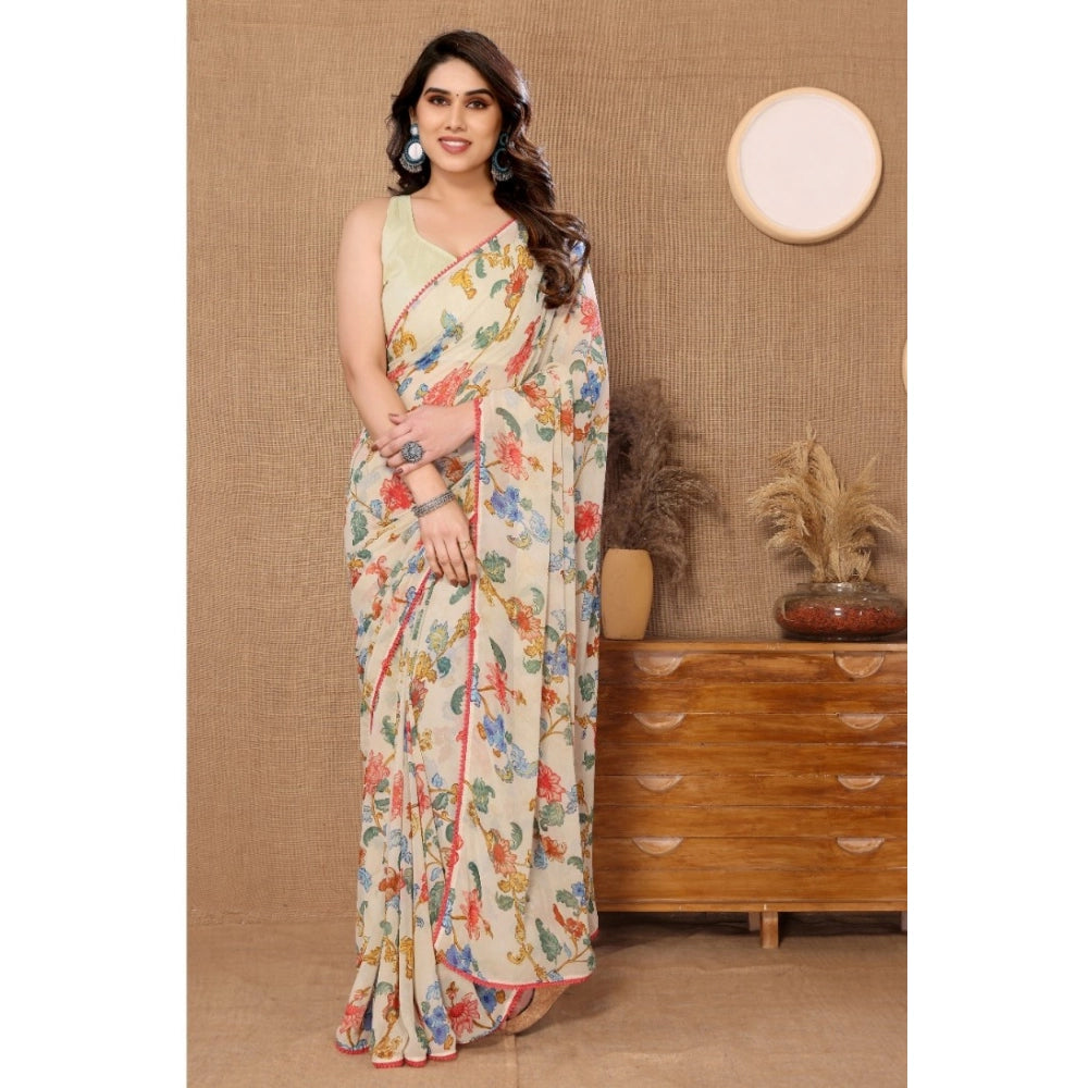 Generic Women's Small Lace Georgette Printed Ready-to-Wear Saree With Unstitched Blouse 5.5 Mtr (Off White) Main image