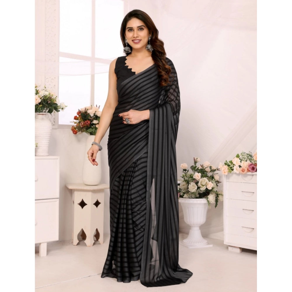 Generic Women's  Black Berry Striped Ready-to-Wear Saree With Unstitched Blouse 5.5 Mtr (Grey-Black) Main image
