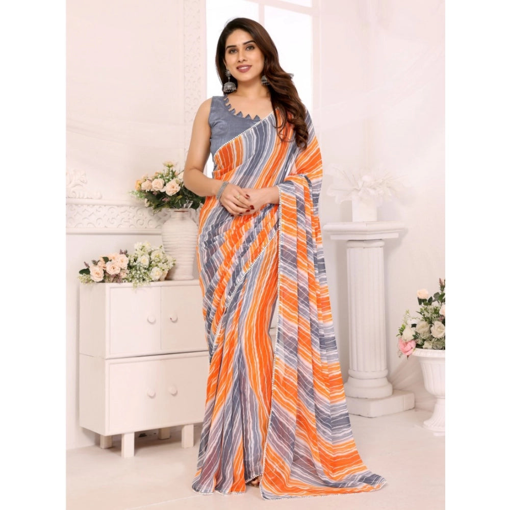 Generic Women's Small Lace Georgette Striped Ready-to-Wear Saree With Unstitched Blouse 5.5 Mtr (Grey) Main image