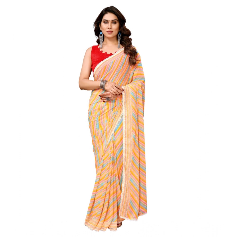 Generic Women's Small Lace Georgette Striped Ready-to-Wear Saree With Unstitched Blouse 5.5 Mtr (Yellow) Main image