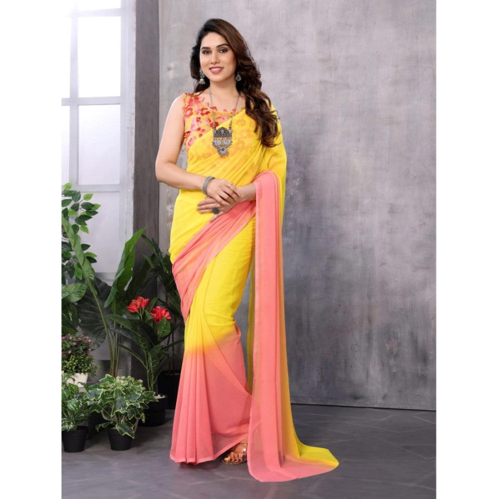 Generic Women's Small Lace Georgette Solid Ready-to-Wear Saree With Unstitched Blouse 5.5 Mtr (Pink-Yellow) Main image