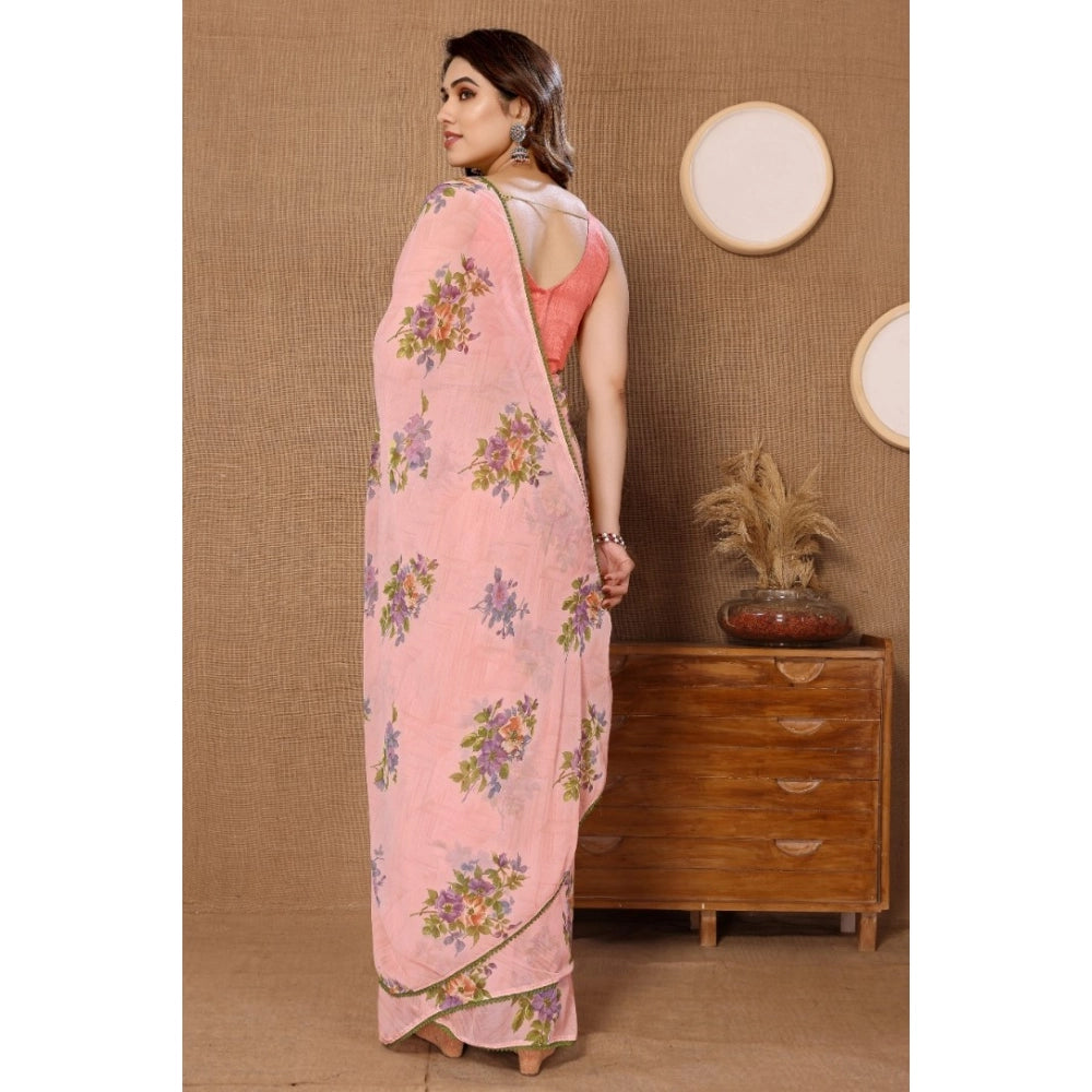 Generic Women's Small Lace Georgette Printed Ready-to-Wear Saree With Unstitched Blouse 5.5 Mtr (Peach) Secondary image