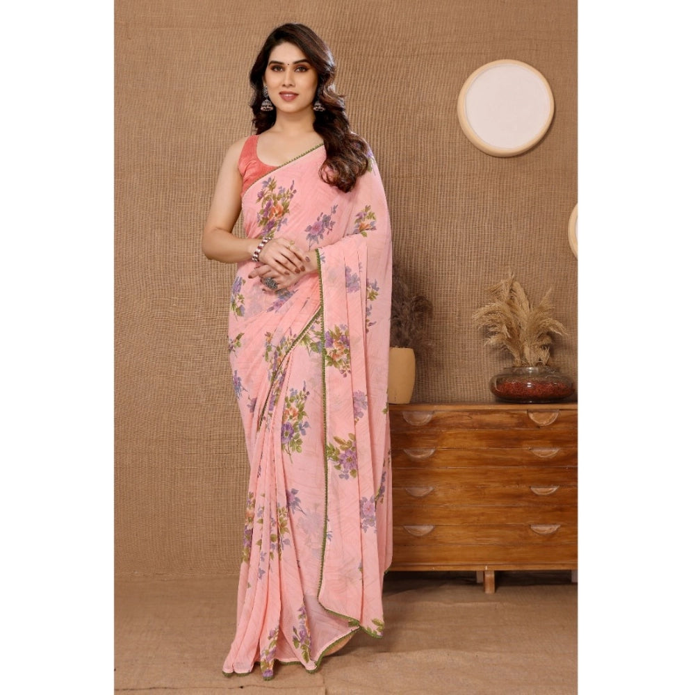 Generic Women's Small Lace Georgette Printed Ready-to-Wear Saree With Unstitched Blouse 5.5 Mtr (Peach) Main image