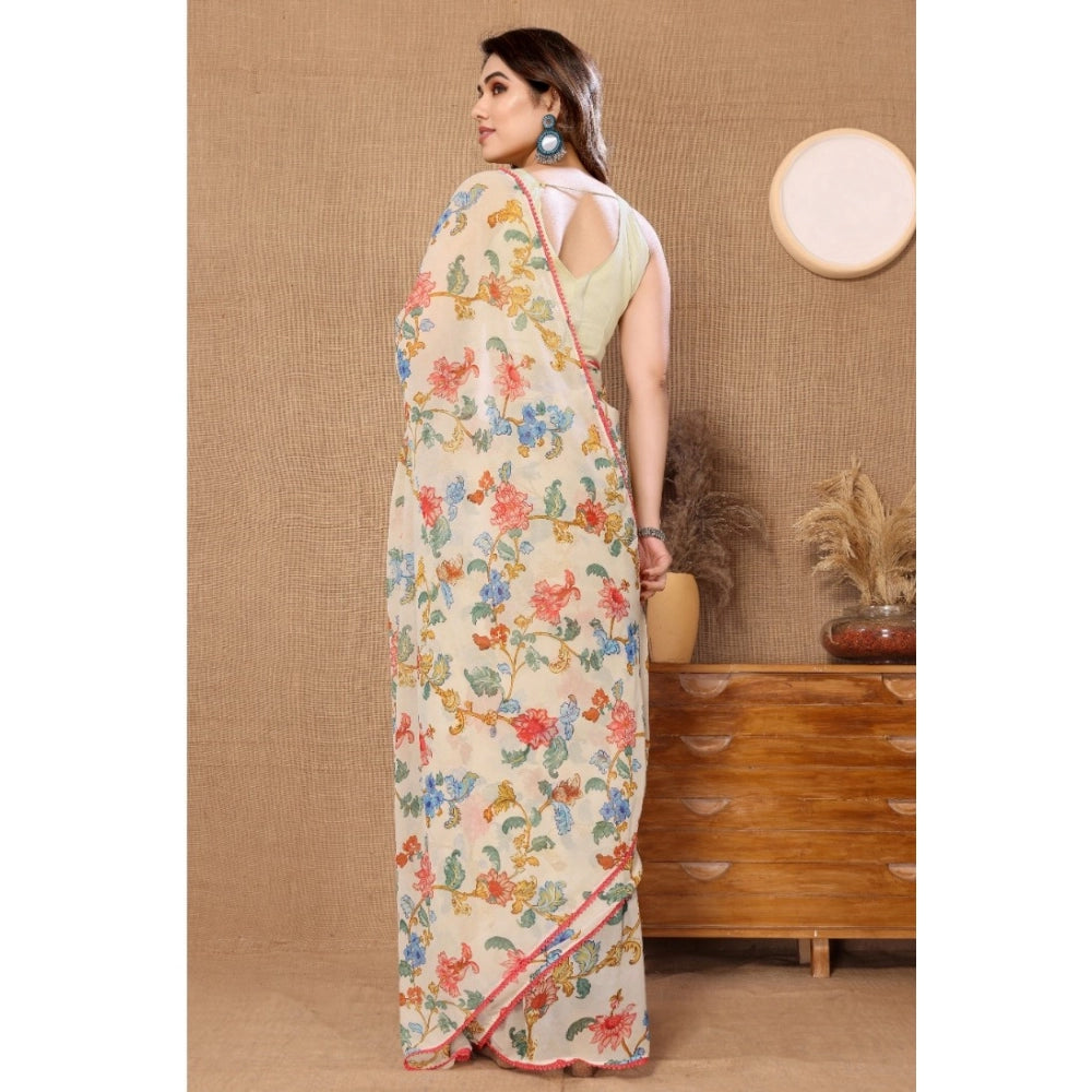 Generic Women's Small Lace Georgette Printed Ready-to-Wear Saree With Unstitched Blouse 5.5 Mtr (Off White) Secondary image