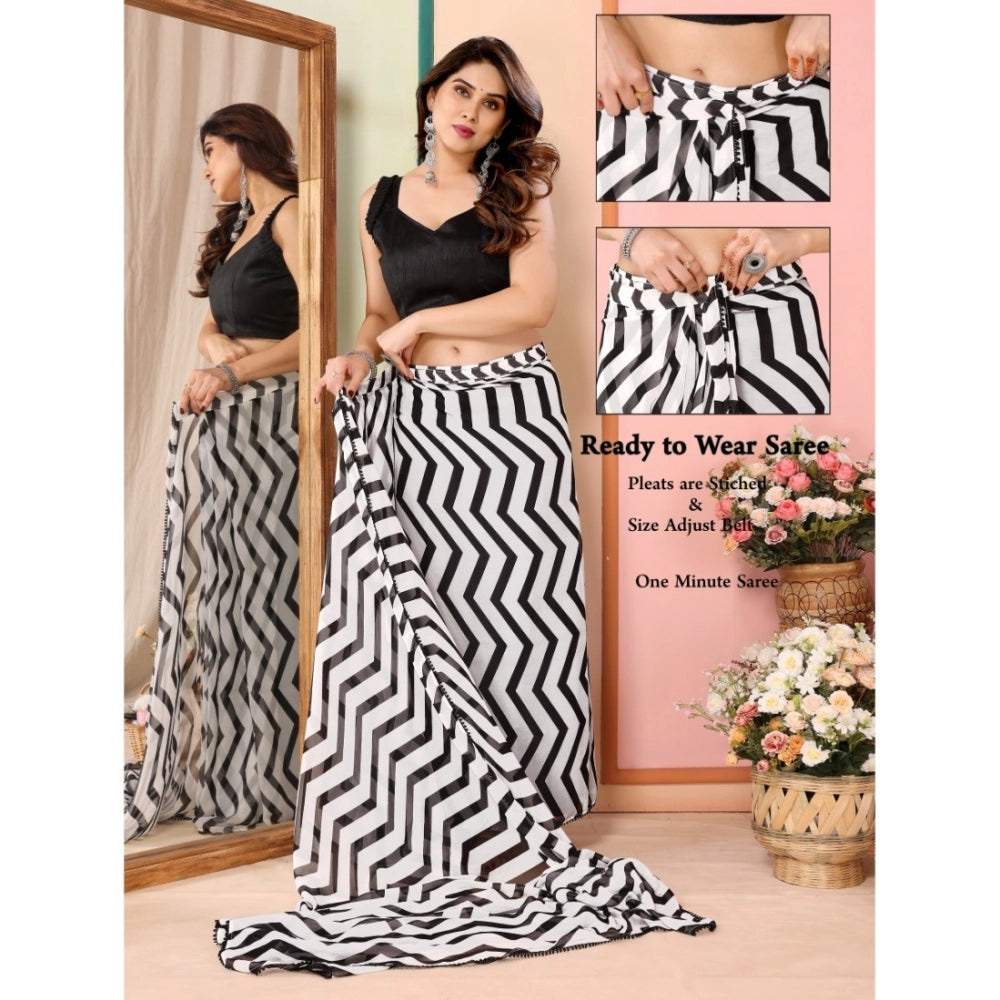 Generic Women's Small Lace Georgette Striped Ready-to-Wear Saree With Unstitched Blouse 5.5 Mtr (Black)