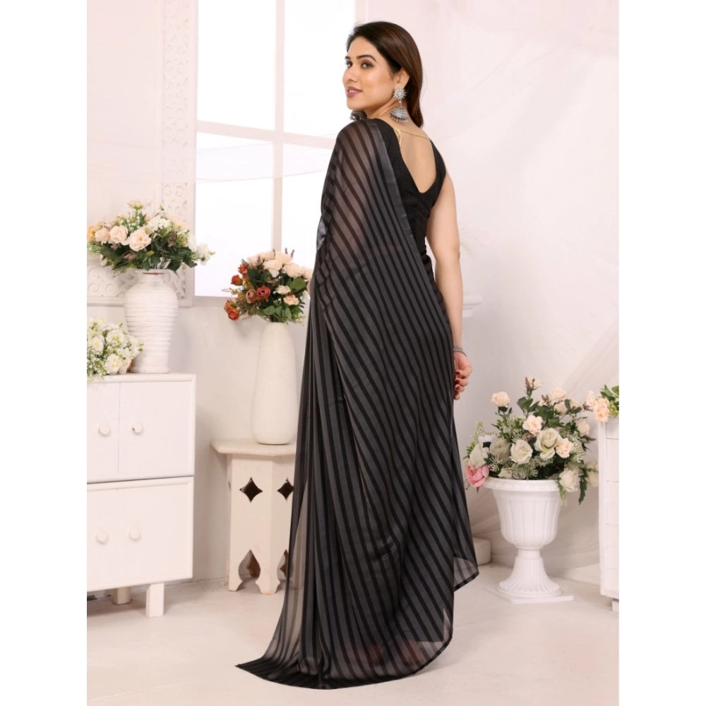 Generic Women's  Black Berry Striped Ready-to-Wear Saree With Unstitched Blouse 5.5 Mtr (Grey-Black) Secondary image