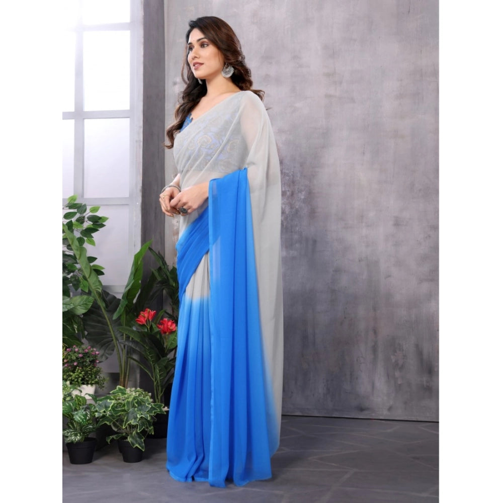 Generic Women's Small Lace Georgette Solid Ready-to-Wear Saree With Unstitched Blouse 5.5 Mtr (Grey-Blue) Secondary image