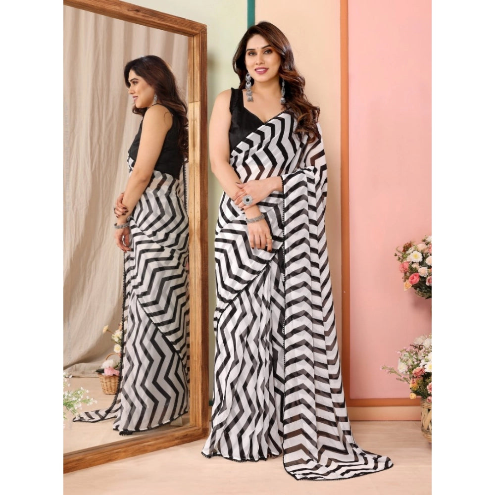 Generic Women's Small Lace Georgette Striped Ready-to-Wear Saree With Unstitched Blouse 5.5 Mtr (Black) Main image