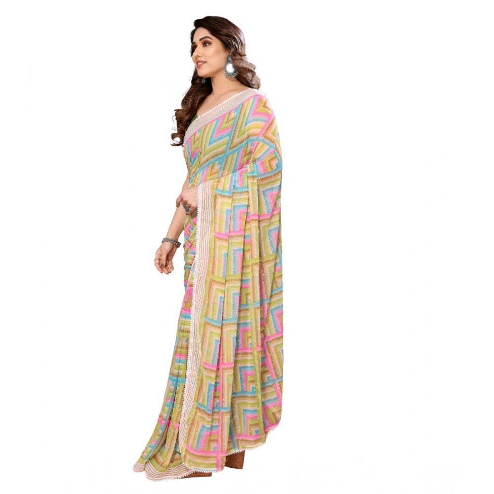 Generic Women's Small Lace Georgette Printed Ready-to-Wear Saree With Unstitched Blouse 5.5 Mtr (Green) Main image