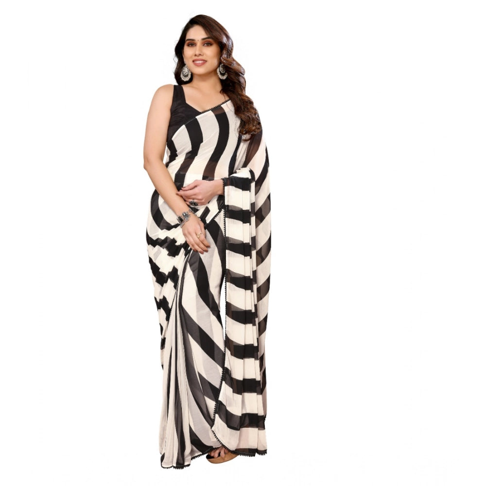 Generic Women's Small Lace Georgette Striped Ready-to-Wear Saree With Unstitched Blouse 5.5 Mtr (Black-White) Main image
