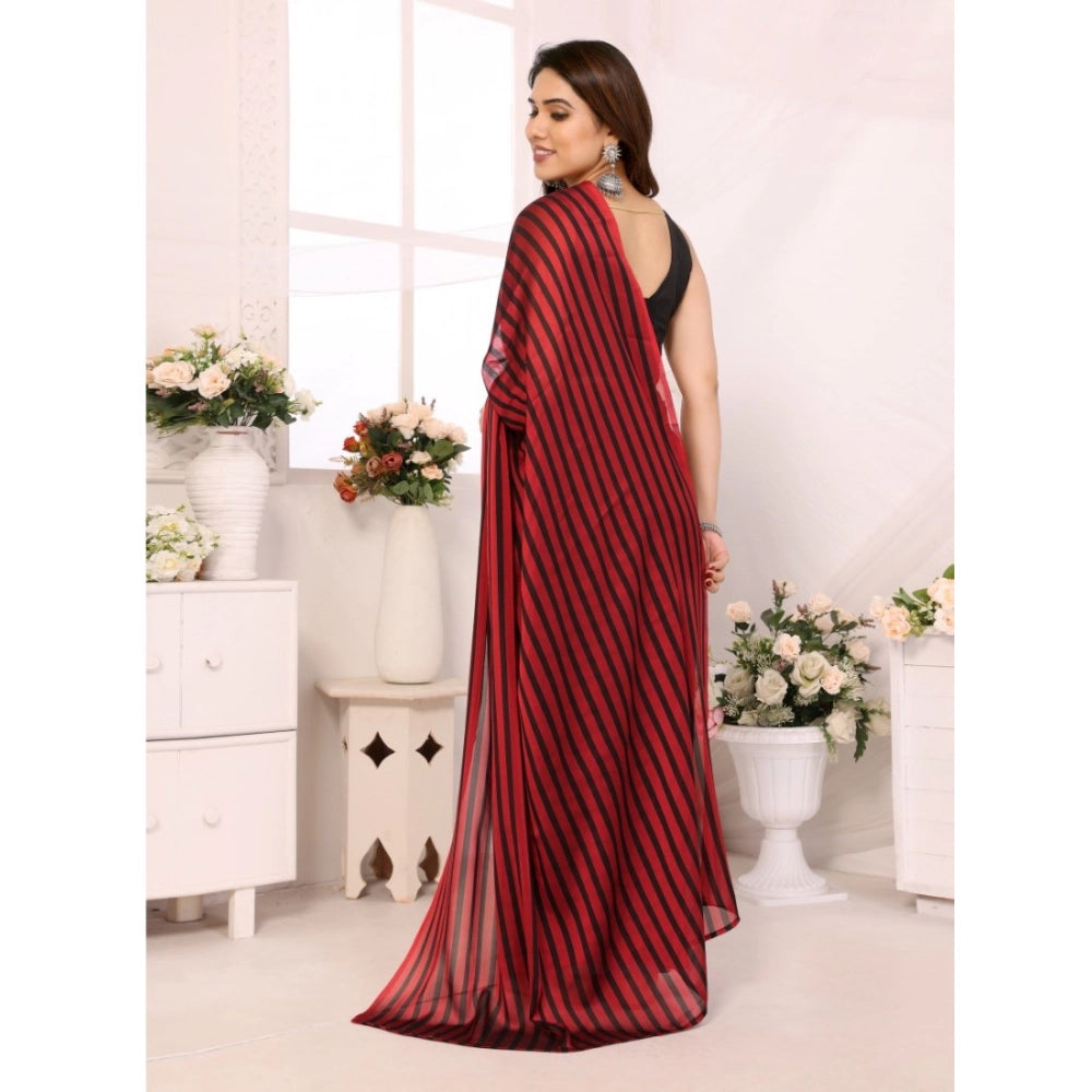 Generic Women's  Black Berry Striped Ready-to-Wear Saree With Unstitched Blouse 5.5 Mtr (Red-Black) Secondary image