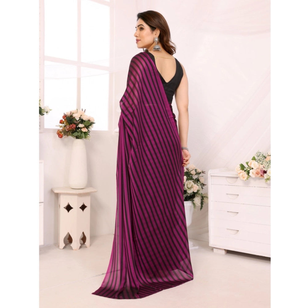 Generic Women's  Black Berry Striped Ready-to-Wear Saree With Unstitched Blouse 5.5 Mtr (Purple-Black) Secondary image