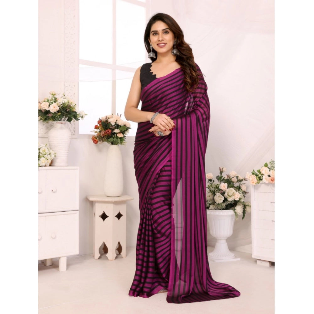 Generic Women's  Black Berry Striped Ready-to-Wear Saree With Unstitched Blouse 5.5 Mtr (Purple-Black)