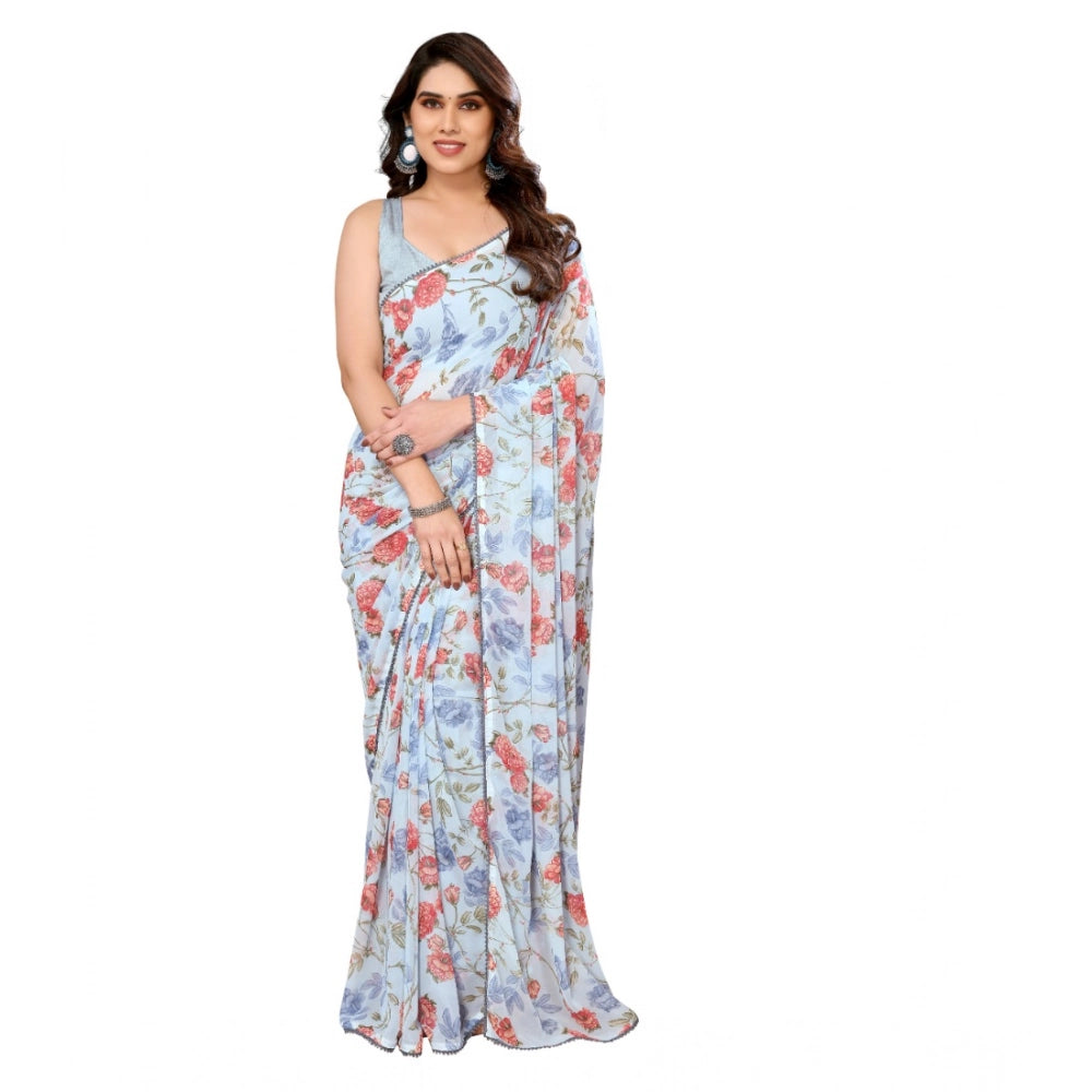 Generic Women's Small Lace Georgette Printed Ready-to-Wear Saree With Unstitched Blouse 5.5 Mtr (Sky Blue) Main image