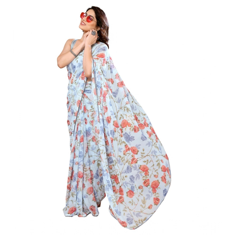 Generic Women's Small Lace Georgette Printed Ready-to-Wear Saree With Unstitched Blouse 5.5 Mtr (Sky Blue) Secondary image