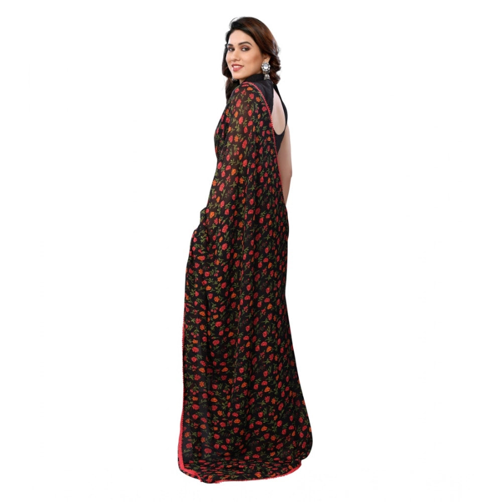 Generic Women's Small Lace Georgette Printed Ready-to-Wear Saree With Unstitched Blouse 5.5 Mtr (Black) Secondary image