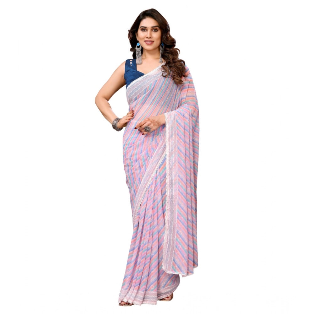 Generic Women's Small Lace Georgette Striped Ready-to-Wear Saree With Unstitched Blouse 5.5 Mtr (Purple) Main image
