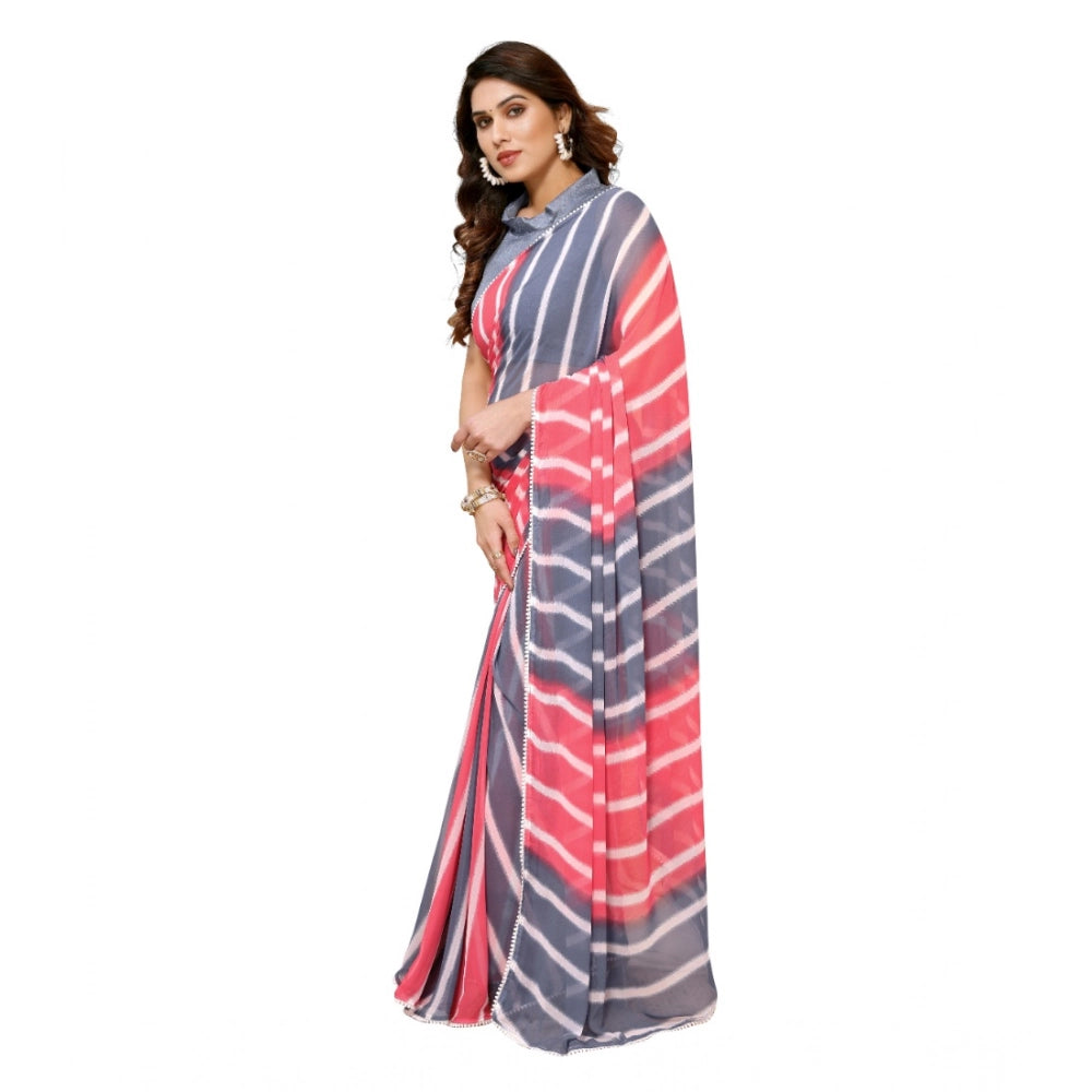 Generic Women's Small Lace Georgette Striped Ready-to-Wear Saree With Unstitched Blouse 5.5 Mtr (Pink)