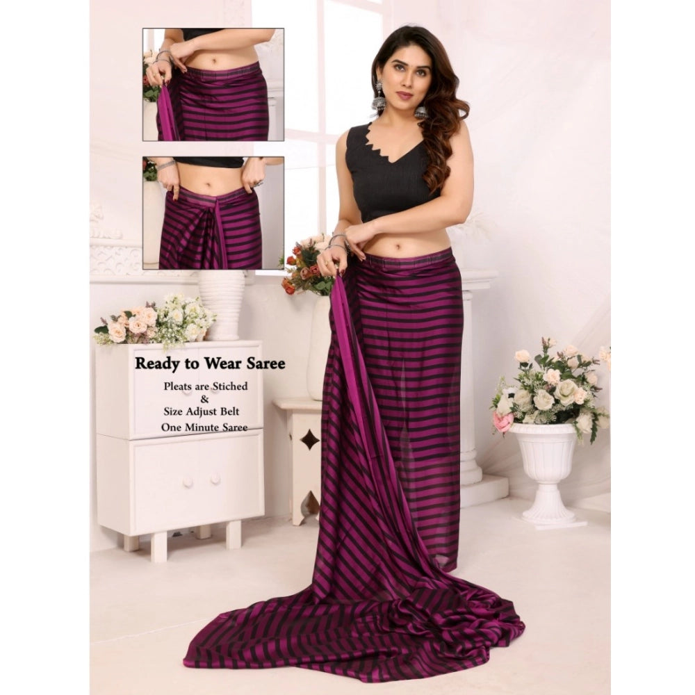 Generic Women's  Black Berry Striped Ready-to-Wear Saree With Unstitched Blouse 5.5 Mtr (Purple-Black)