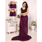 Generic Women's  Black Berry Striped Ready-to-Wear Saree With Unstitched Blouse 5.5 Mtr (Purple-Black)