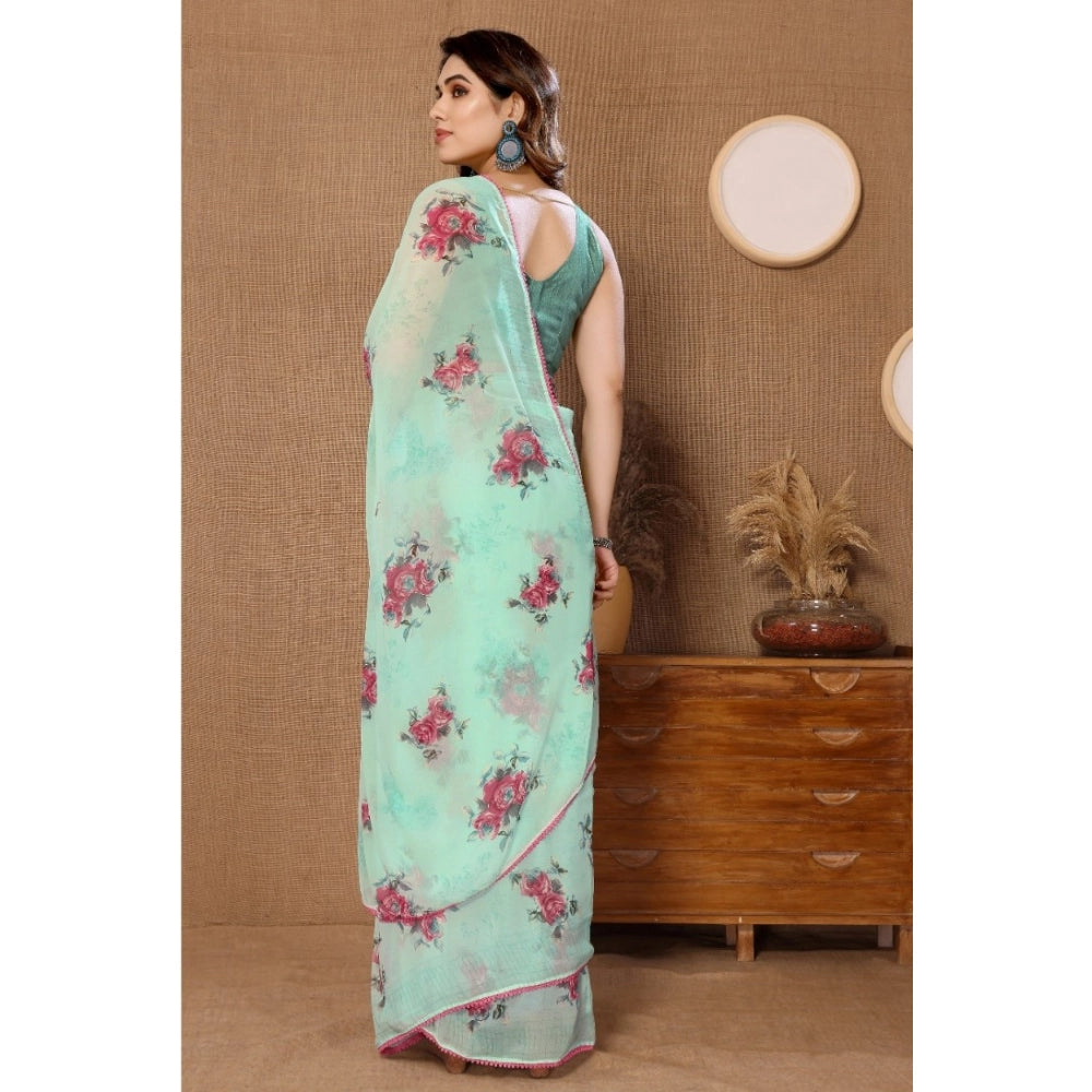 Generic Women's Small Lace Georgette Printed Ready-to-Wear Saree With Unstitched Blouse 5.5 Mtr (Turquoise) Secondary image